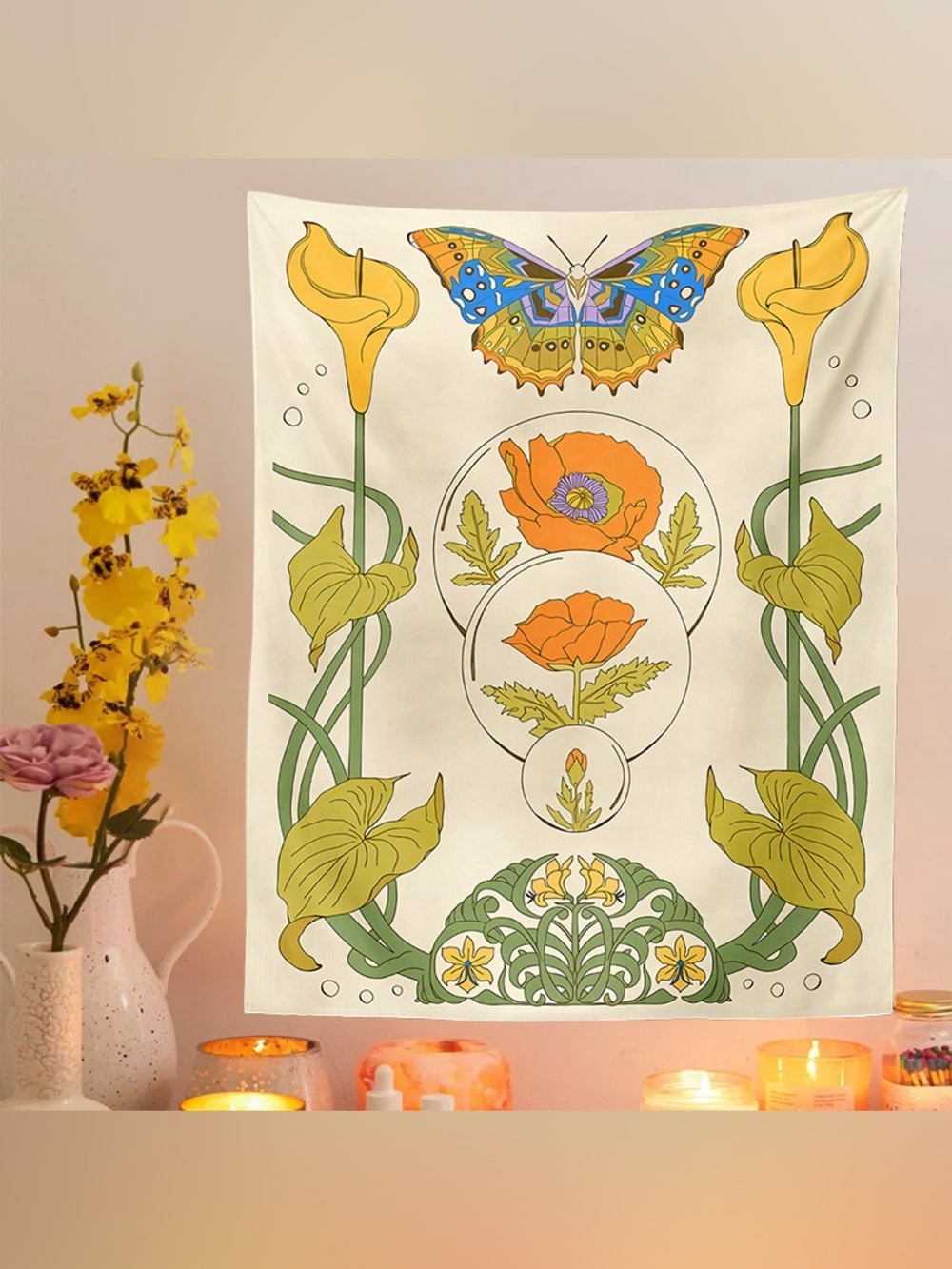 Bohemian Vintage Botanical Butterfly Tapestry Wall Decor